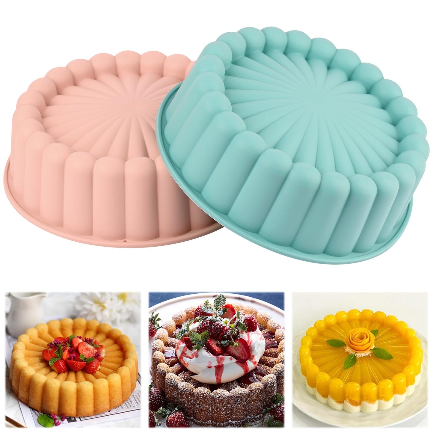 HUAKENER 2 Pcs Charlotte Cake Pan, 8 Inch Round Cake Pan, Nonstick Silicone Cake Molds for Cheese Cake, Chocolate Cake, Rainbow Cakes, Strawberry Shortcake, Brownie Tart Pie