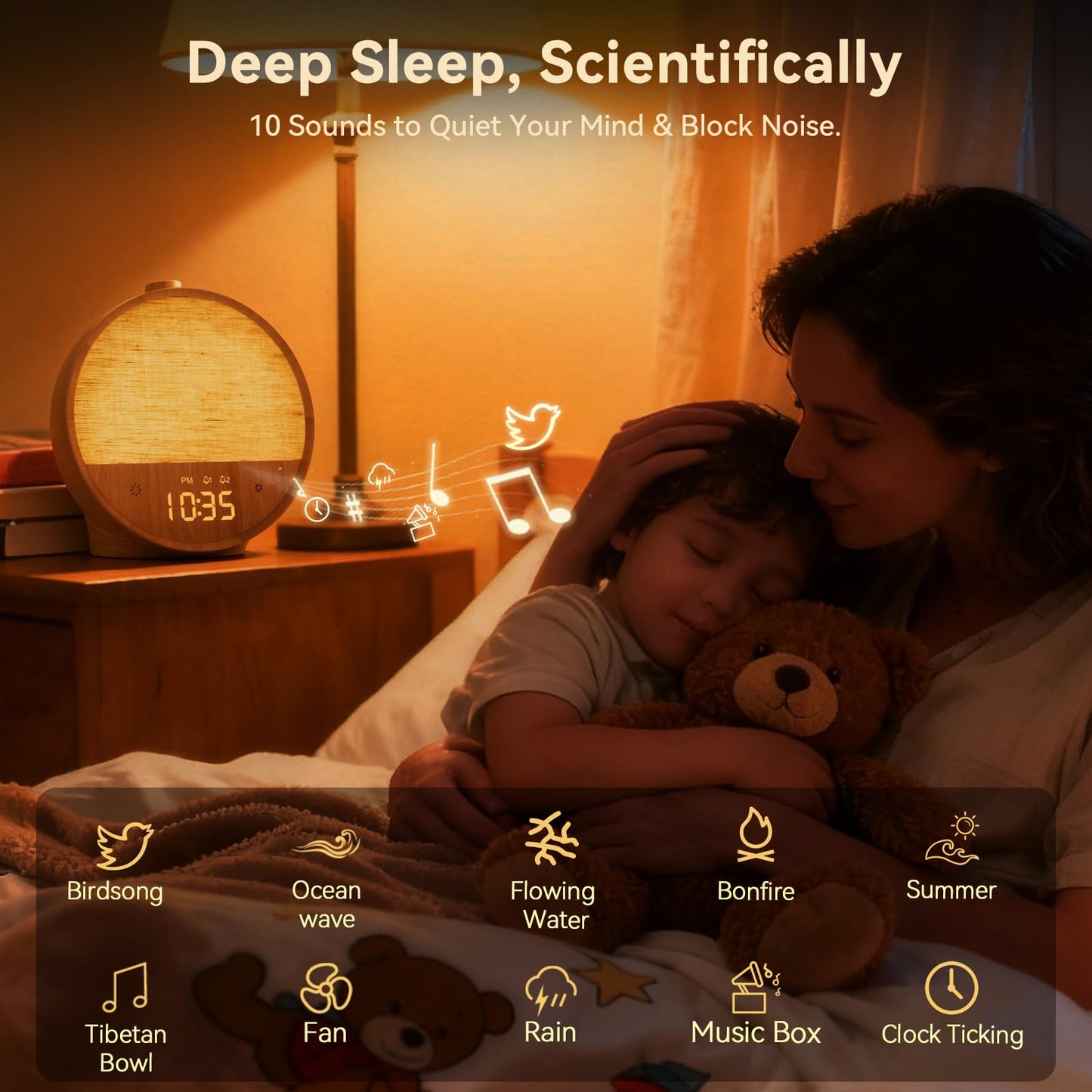 Vivilumens Wood Grain Sunrise Alarm Clock, Gentle Wake-Up Light Sound Machine, Dual Alarms for Heavy Sleepers, Natural Sounds, RGB Mood Light, Dimmable Bedside Night Lamp, Ideal for Bedroom & Gifts