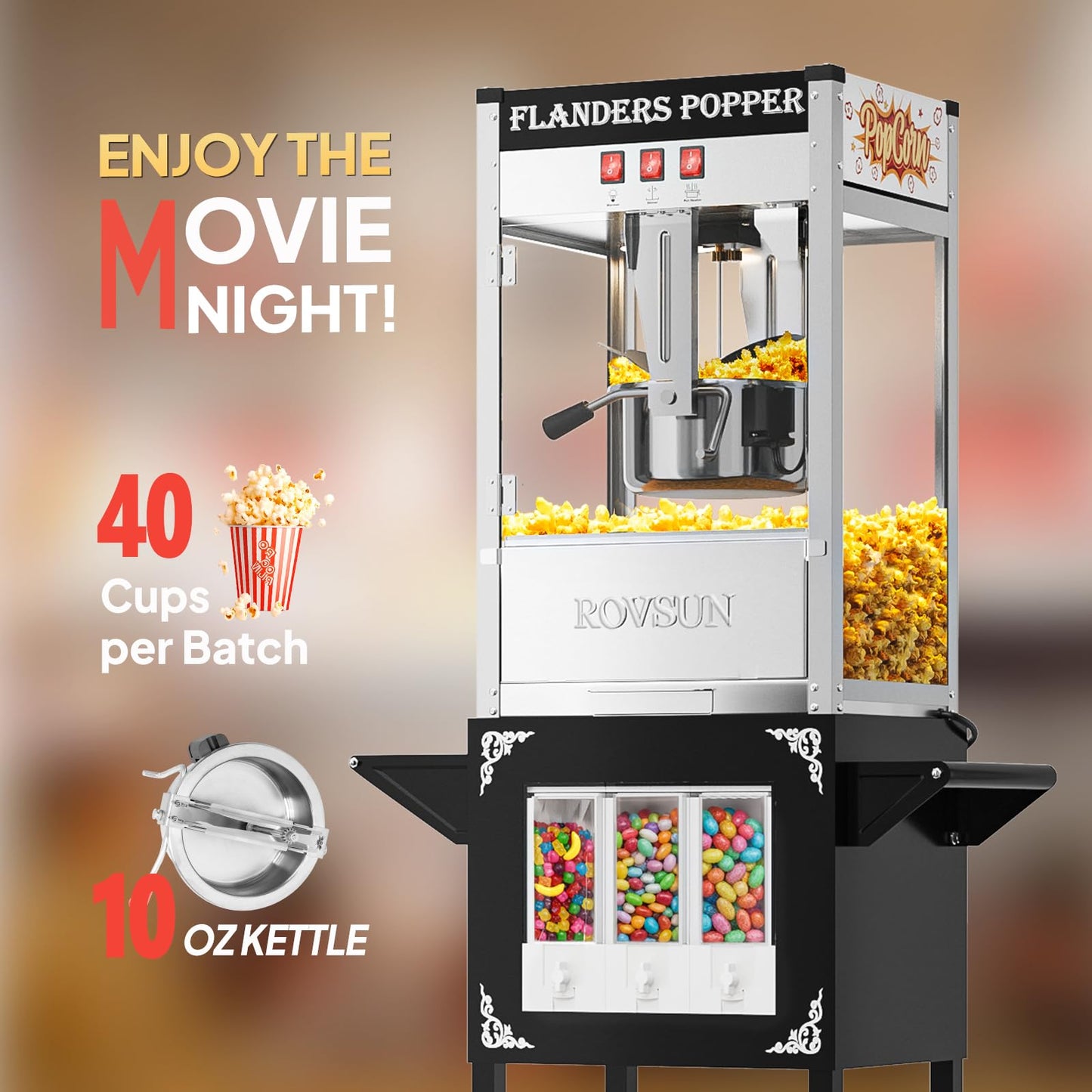 ROVSUN Popcorn Machine Cart with Candy Dispenser, 10 Oz Kettle Makes Up to 4 Gallons ETL, Popcorn Maker w/Scoop, Oil Spoon, Bags & Cups, Movie Theater Style Popper for Commercial Home Party, Black