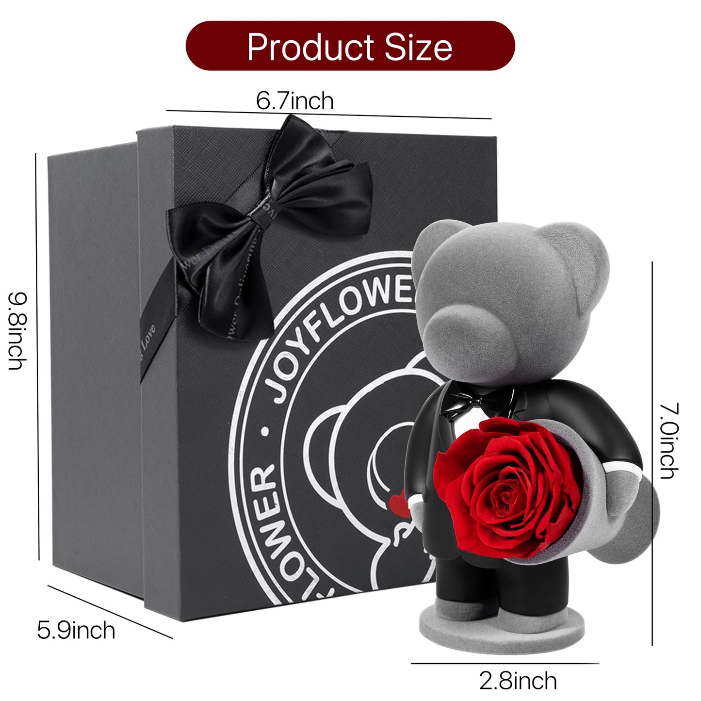 JoyFlower Preserved Flowers with Cute Teddy Bear in Suit, Unique Gentleman Bear Eternal Real Red Rose Romantic Gift with Elegant Gift Box for Girlfriend Wife Her in Valentines Birthday Anniversary