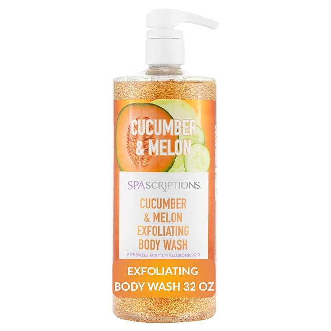 SpaScriptions Exfoliating Cucumber & Melon Body Wash - Scented Moisturizing Body Wash with Hyaluronic Acid for Soft Glowing Skin, Gentle Natural Daily Cleanser Body Scrub, 32 fl oz, Paraben Free