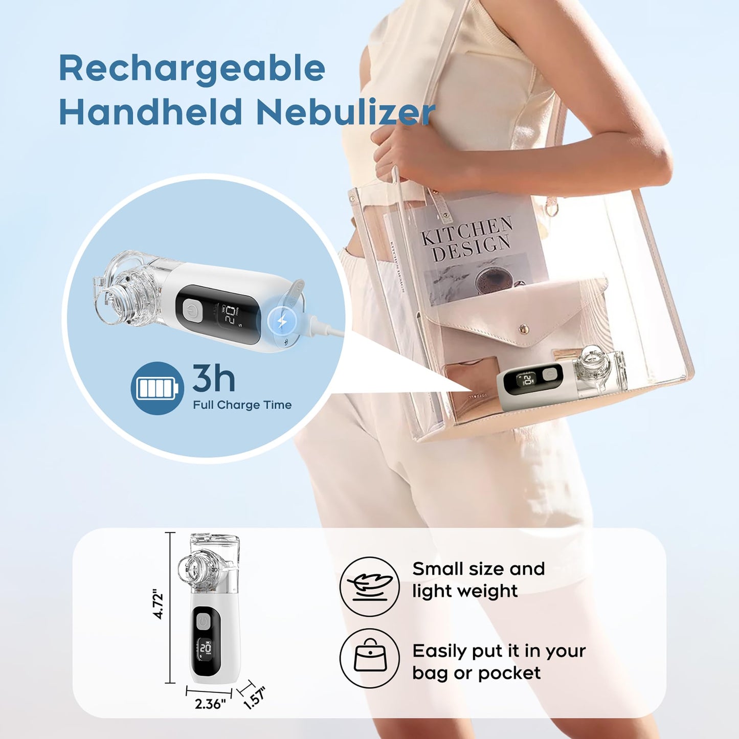 Smart Digital Display Portable Nebulizer for Adults and Kids, Portable Nebulizer Machine for Breathing with Mouthpiece and Mask, Handheld Nebulizer for Travel and Home Use