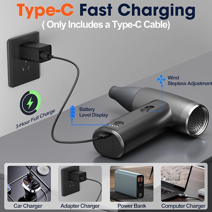 Metal Electric Compressed Air Duster, 300000RPM Brushless Motor with Stepless Speed, Rechargeable Cordless Mini Blower for Computer Keyboard Cleaning, Car Detailing, House and Outdoor Use(Black)
