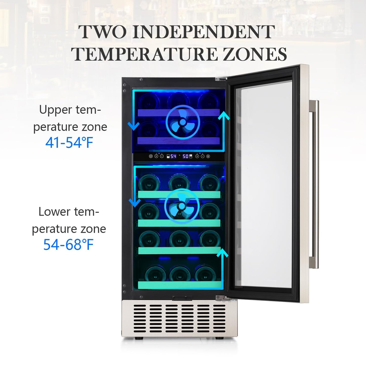 COWSAR 28 Bottle Wine Fridge, Commercial Dual Zone Beverage Refrigerator, Independent Temp, LED, Under Counter Drink Wine Cooler Chiller with Stainless Steel Frame, Double-Layer Tempered Glass Door