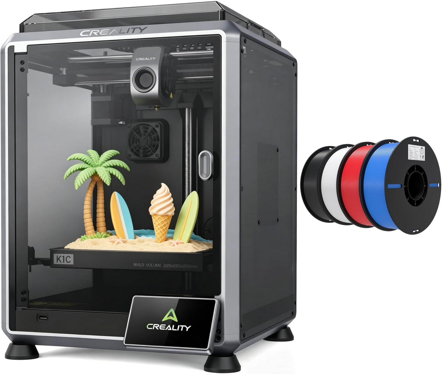 Creality K1C 3D Printer, 600mm/s Fast Speed Auto Leveling 3D Printers Bundle with Creality 3D Printer Filament 1.75mm 4KG, Black White Blue Red