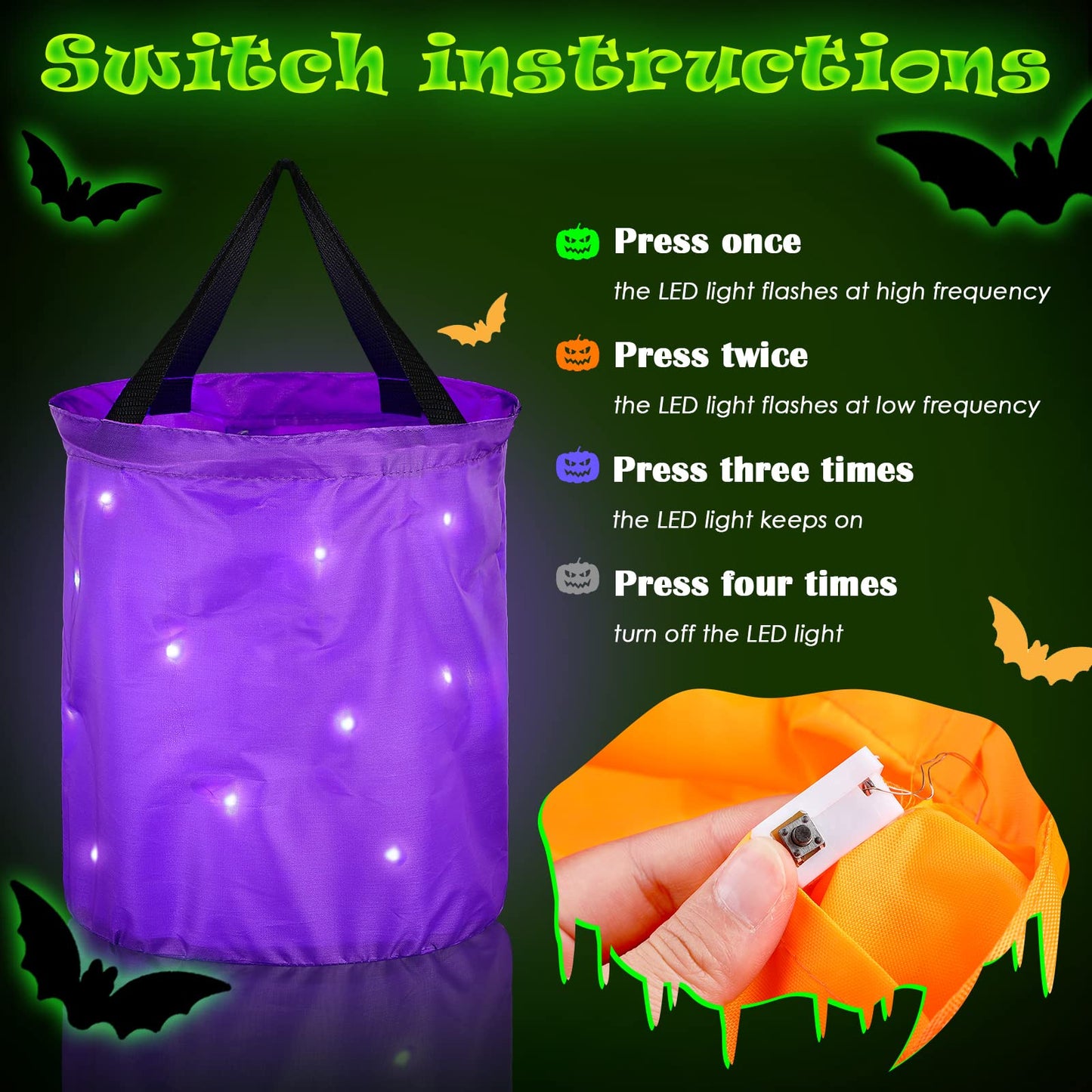 Shappy 4 Pieces LED Light Up Halloween Bucket Candy Bags Light Up Trick or Treat Bags Reusable Goody Bucket for Halloween Party Favor Supplies(Green, Purple, Black, Orange,Classic Style)