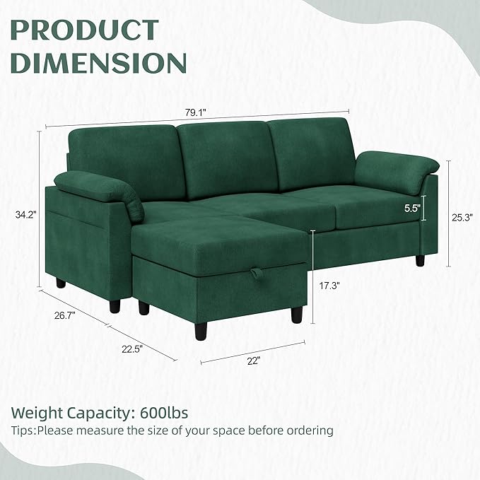Vongrasig 79" Convertible Sectional Couch Sofa with Storage Ottoman, 3 Seat L Shaped Couch with Side Storage Pockage, Small Couches for Living Room, Apartment and Small Space (Green)