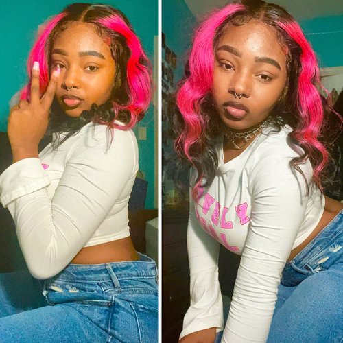 Zikria Skunk Stripe Wave Wig Ombre Lace Frontal Wig Human Hair Wigs 13X4 Pink Red 150% Density HD Transparent Lace 18 Inch
