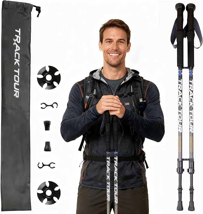 Carbon Fiber Trekking Poles Ultra Lightweight Hiking Poles Walking Sticks with Cork and EVA Foam Grips Quick Adjustable Fl...