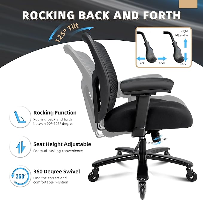Big and Tall Office Chair 500lbs - Ergonomic Mesh Desk Chair, Heavy Duty Computer Chair-Wide Thick Seat Cushion, Adjustable Lumbar Support, Metal Base, Rubber Wheels, 4D Armrests, Black