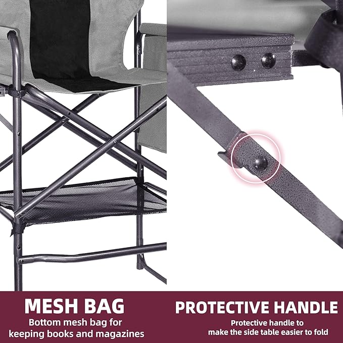 Tisetrail Tall Directors Chair 30" Seat Height, Bar Height Folding Chair with Side Table, Foldable Camping Chair with Side Pocket for Makeup Artist, Sports Event, Supports 400LBS - Black/Gray