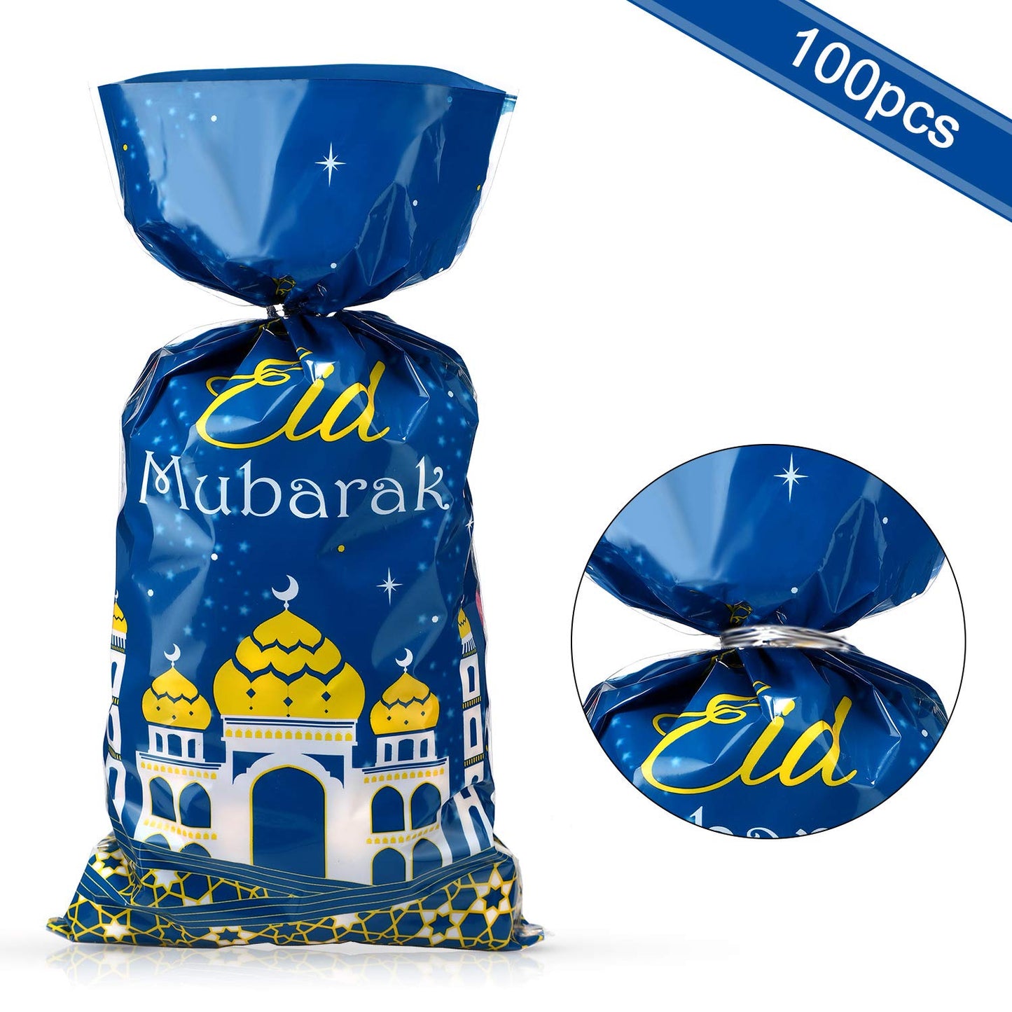 Blulu 100 Pcs Eid Mubarak Gift Bags Ramadan Decorations Clear Goodie Candy Plastic Cellophane Treat Bags with Silver Twist Ties for Eid Mubarak Party(Blue Gold)