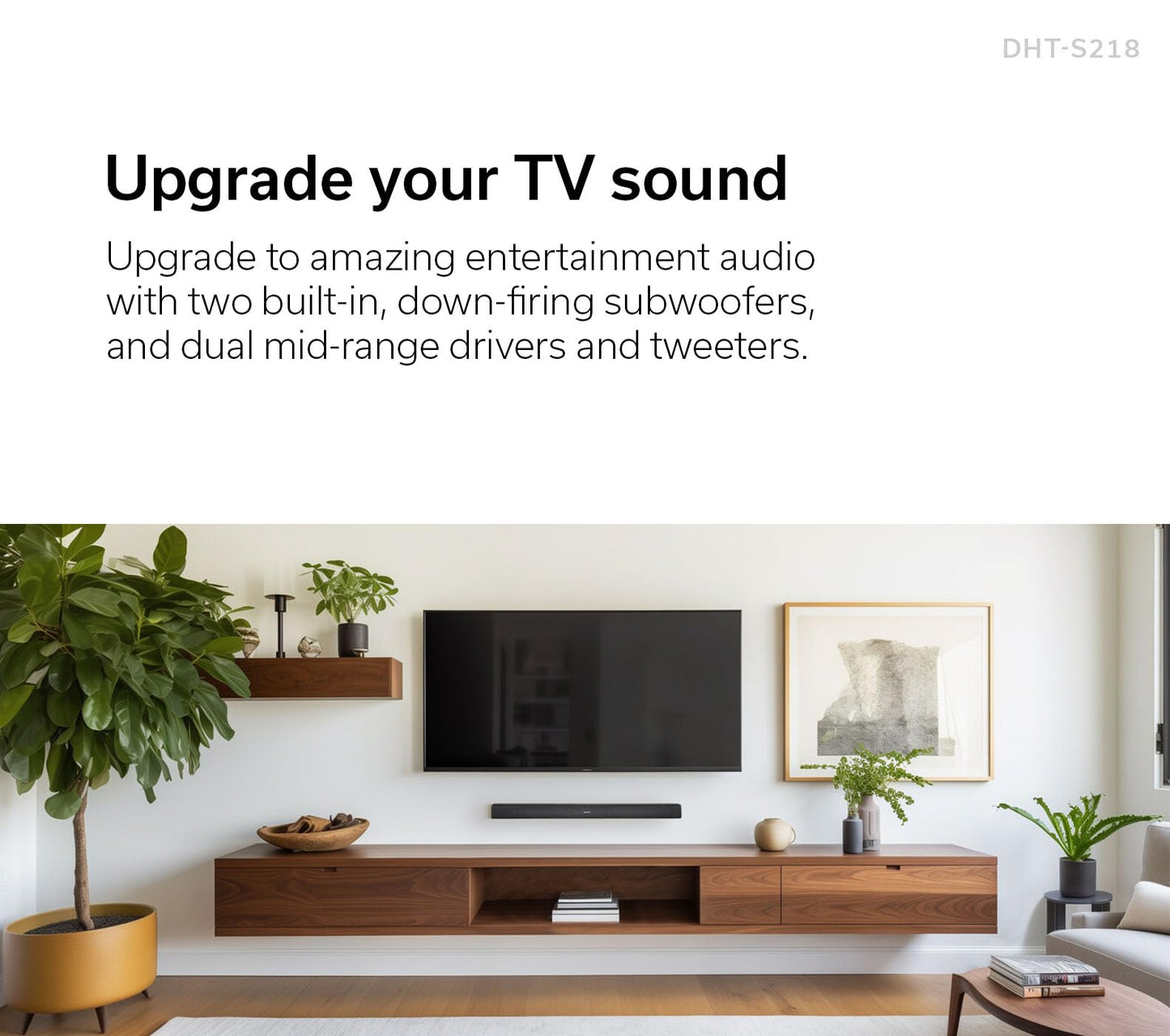 Denon DHT-S218 Sound Bar for Smart TV (Black), 2.1-Channel, 3D Audio with Dolby Atmos, 2 Built-in Subwoofers, Dual Midrange & Tweeters, 4K HDMI eARC, Dialog Enhancer, Multi-Pairing & Multi-Point.