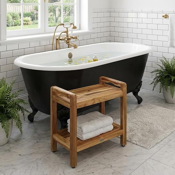 EcoDecors Eleganto 24 Inch Natural Color Waterproof Teak Wood Shower Bench Stool Seat Chair For Inside Shower Provides Safety, Storage, and Organization For Bathroom Accessories