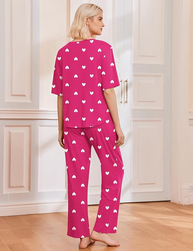 Ekouaer 2 Pack Womens Pajama Sets Short Sleeve Tops and Long Pants Casual Comfy Pjs Lounge Set with Pockets,S-XXL