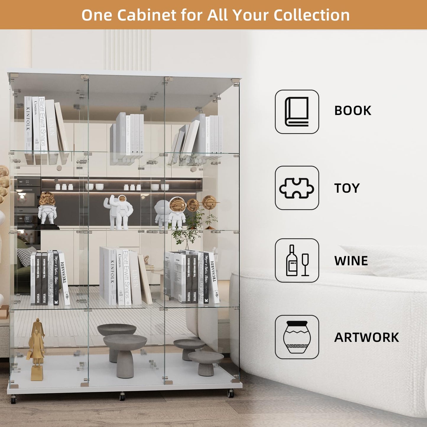 Beauty4U Glass Display Cabinet with Mirror Back Panel, 12 Shelves with 3 Columns, Curio Cabinets for Living Room, Bedroom, Office, White Floor Standing Glass Bookshelf, Quick Installation