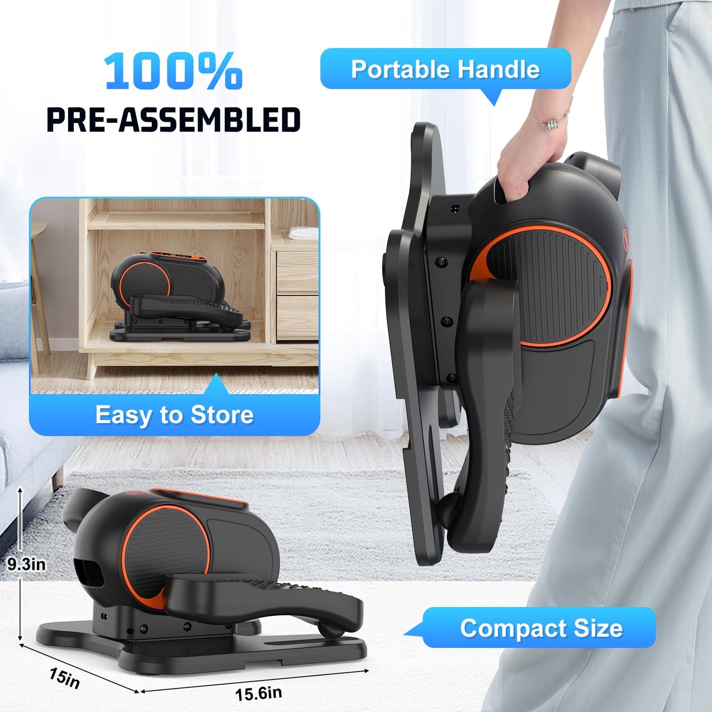 ANCHEER Under Desk Elliptical, 24-in-1 (12 Auto & 12 Manual) Elliptical Machine with Wireless Remote&Dual-Direction, Quiet Compact Leg Exerciser for Home Office (Orange)