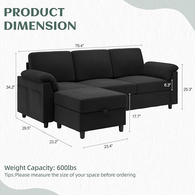 Vongrasig 79" Convertible Sectional Couch Sofa with Storage Ottoman, 3 Seat L Shaped Couch with Side Storage Pockage, Small Couches for Living Room, Apartment and Small Space, Black