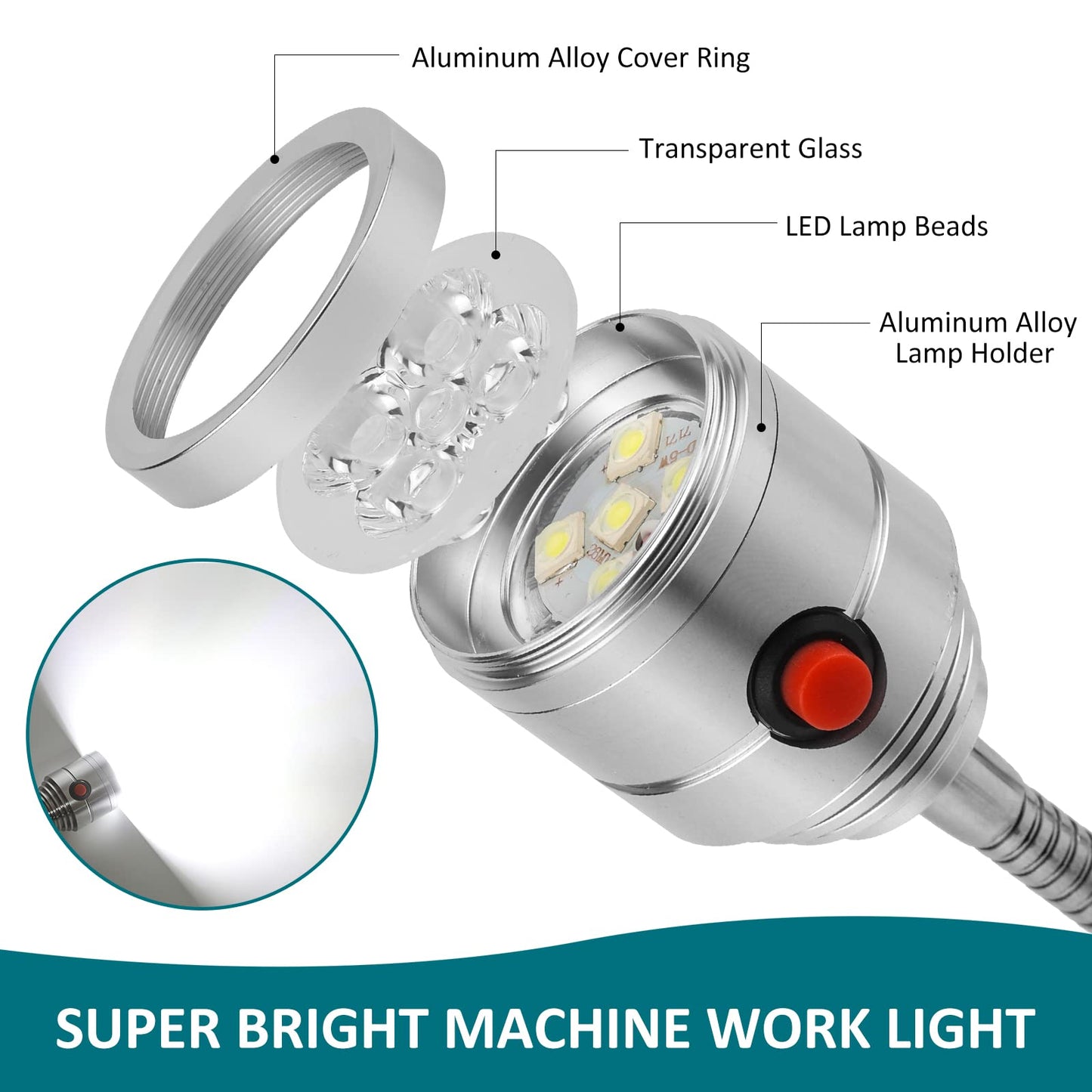 Magnetic Work Light, LED Machine Light with Flexible Gooseneck and Magnetic Base, Shop Tool Lamp for Lathe, Work Bench, Sewing Machine, Grill, Desk, Industrial Lighting Silver