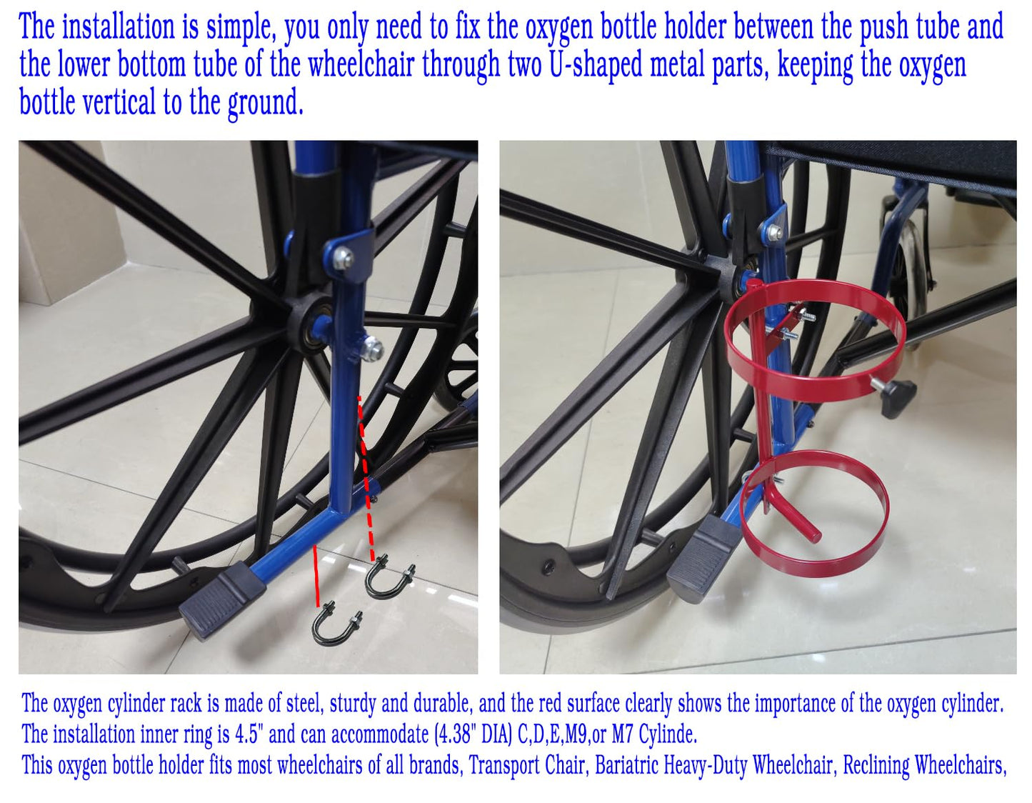 Oxygen Bottle Holder for Wheelchair and Transport Chair,Holds 1 C,D,E,M9,or M7 Cylinder,Inner Ring 4.5", can accommodate (4.38" Dia) Oxygen Cylinder,Universal Wheelchair Parts, (1Ea, red)