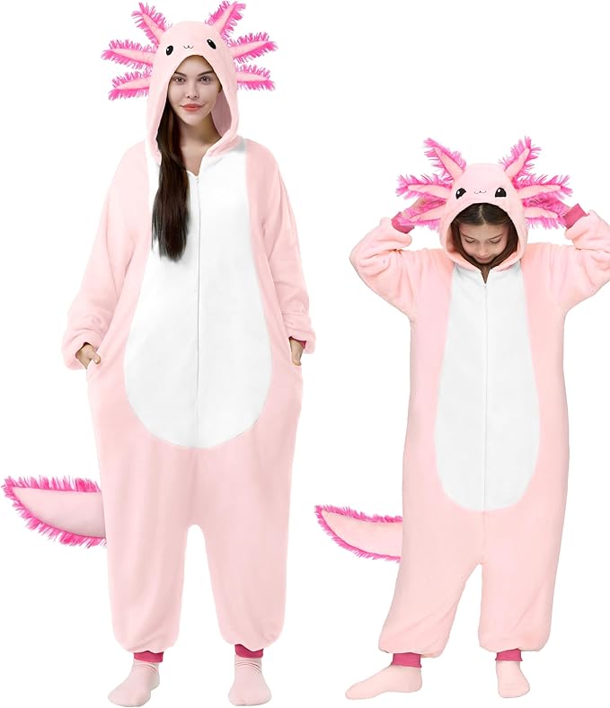 Spooktacular Creations Halloween Axolotl Costume, Kids Axolotl Costume, Zip-Up Hooded Jumpsuit for Halloween Cosplay Party