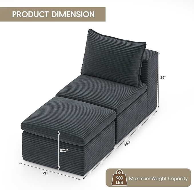 Buytime 65.6" Chaise Lounge Chair Indoor, Boneless Upholstered Sofa Bed, Corduroy Comfy Sleeper Chair for Living Room and Bedroom, Pebble Grey