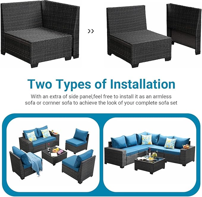 SunloungeCo Patio Furniture Set, 10 Pieces Outdoor Couch Sofa with Wider Armrests & Glass Coffee Table, Outdoor Sectional Furniture with Thick Cushions for Party, Poolside,Garden-Peacock