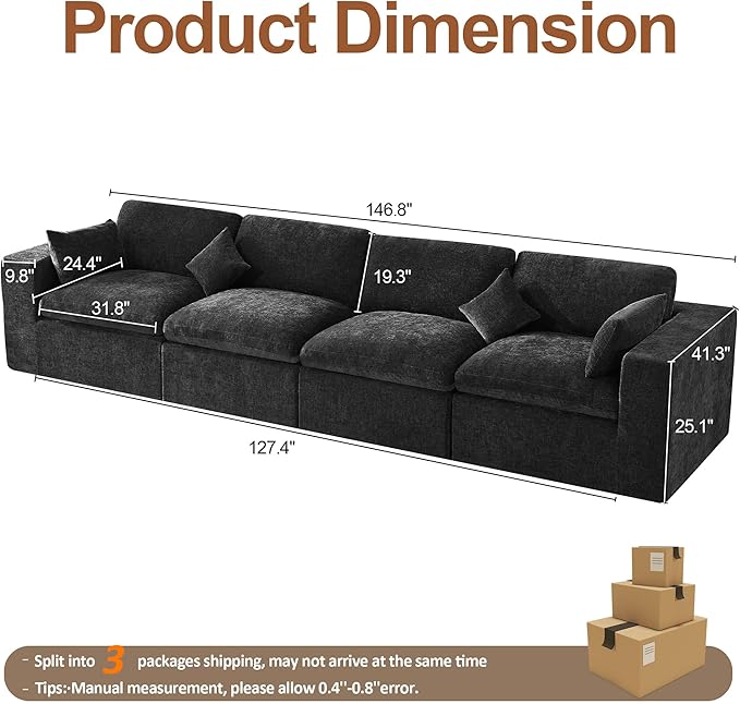 155''Cloud Boneless Sectional Couch, Modular Sectional Sofa Deep Seat, Oversized Upholstered Convertible Comfy 4 Seater Chenille Memory Foam Sofa Couches for Living Room, Dark
