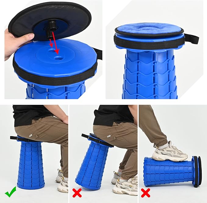 FXKS 2 Pack Upgraded Collapsible Stools Folding Stool with Cushion,Retractable Folding Stool Max Load Capacity 400lbs, Portable Telescoping Stools for Camping Hiking Outdoor BBQ Fishing-Dark Blue