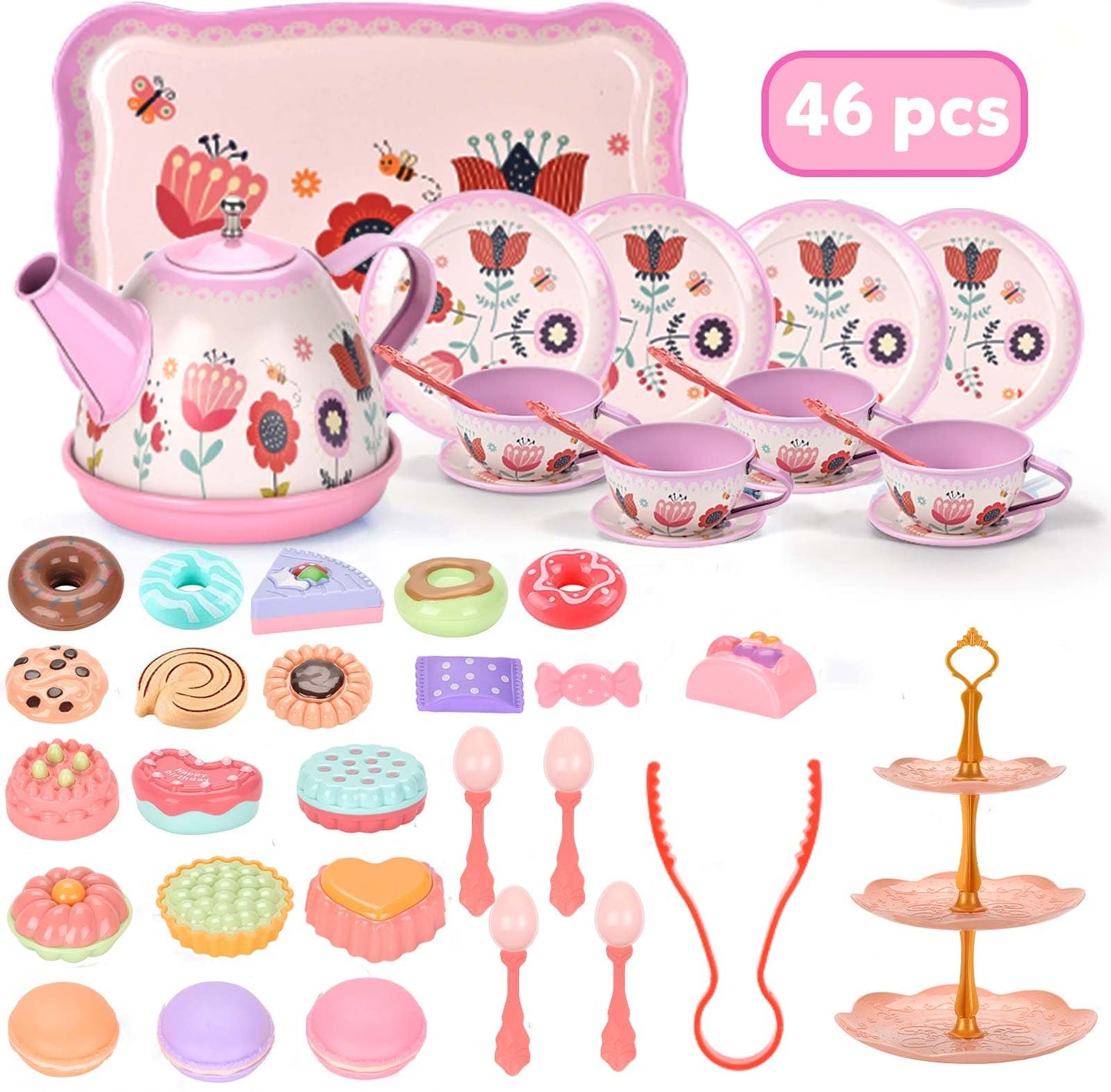 Lajeje Tea Party Set for Toddlers & Little Girls Ages 3-6 – Princess Pretend Play Kitchen Toy with Tin Tea Set, Desserts & Carrying Case
