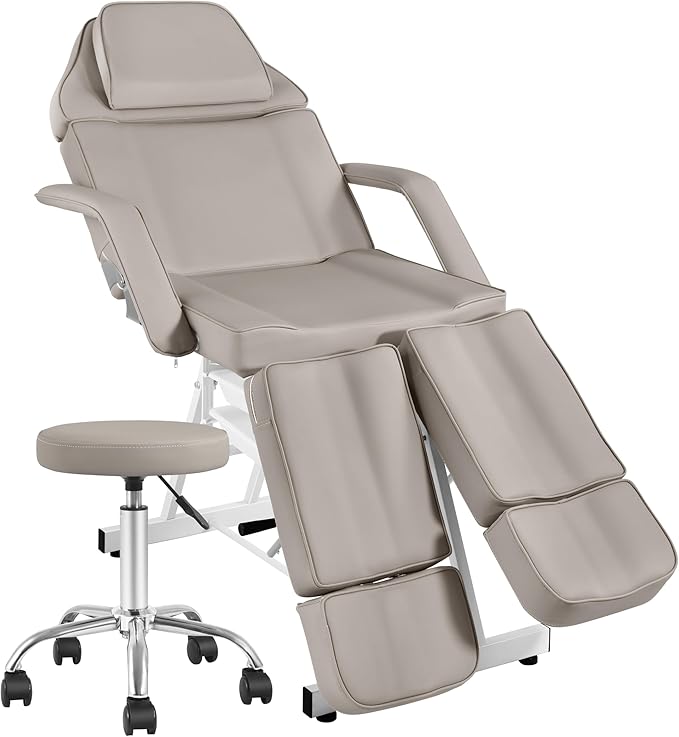 Tattoo Chair with Stool, Facial Bed Adjustable Legs Foldable Facial Chair Spa Bed for Client for Beauty Capacity 330lbs Gray
