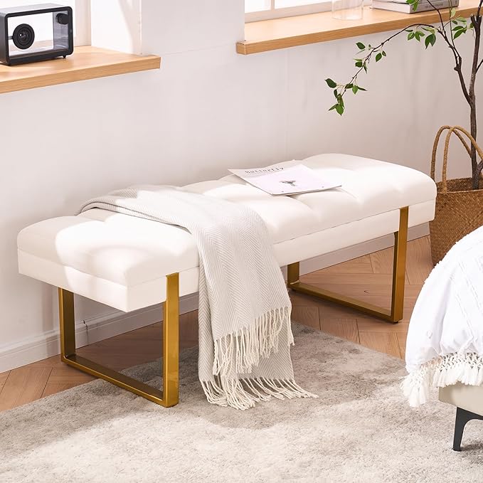 AIITTCC Velvet Ottoman Bedroom Bench, 46.5" Tufted Padded End of Bed Bench with Gold Legs, Upholstered Shoe Bench for Living Room Entryway Window (Ivory White, 46" Wide)