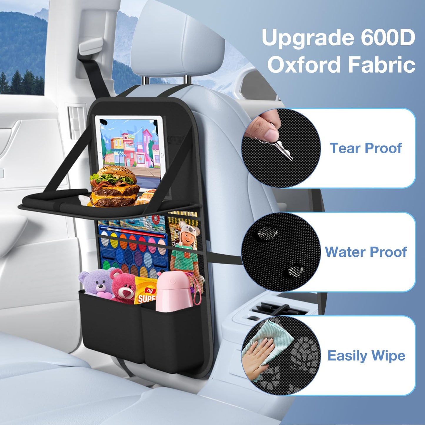 Oneyus Car Backseat Organizer with Table Tray((2-Pack)) 9 Storage Pockets Backseat Car Organizer and storage with Tablet Holder, Kick Mats Back Seat Cover for Kids family Road Trip Essentials Travel