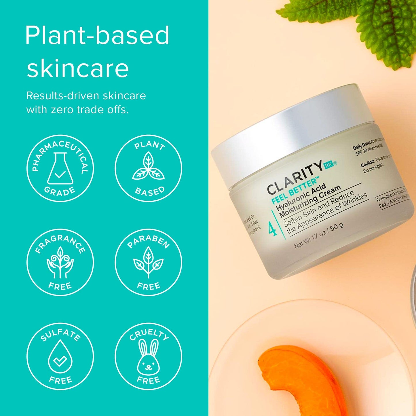 ClarityRx Feel Better Hyaluronic Acid Moisturizing Cream, Natural Plant-Based Face Moisturizer with Jojoba Oil for Dry, Aging Sk