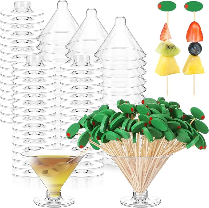 Remerry 70 Plastic Martini Glasses and 150 Olive Cocktail Picks Set 5 oz Disposable Plastic Martini Cups Clear Mini Desser...