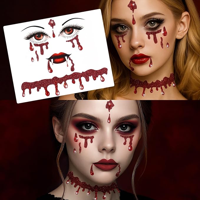 Face Gems Stickers Women for Halloween Vampire Costume Accessories Makeup - Glitter Red Face Jewels Tattoos Stickers for G...
