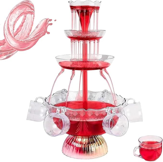 3-Tier Party Fountain Electric Drink Dispenser with LED Lighted Base Light-Up Flow Drink Fountain with 5 Reusable Cups 3L ...