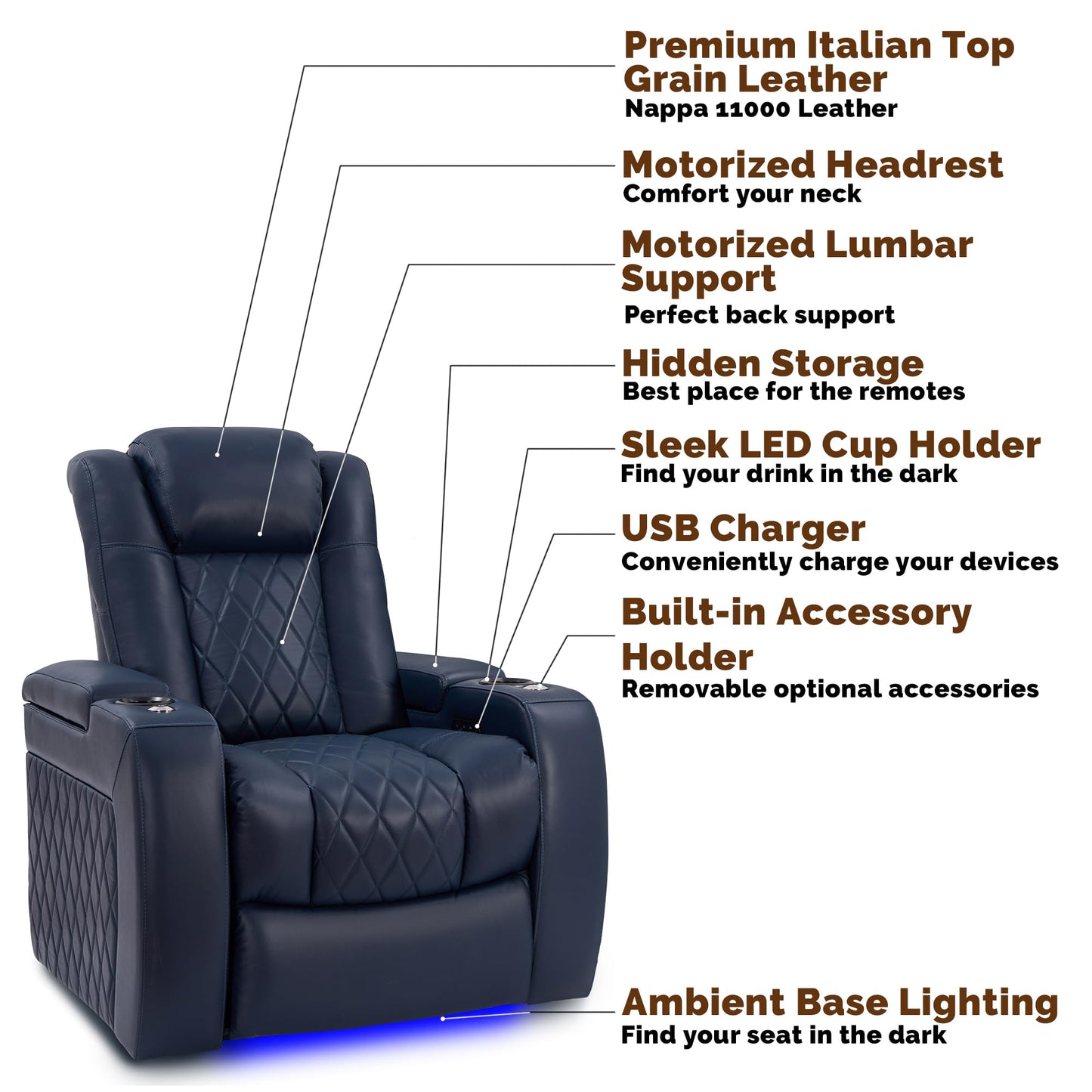 Valencia Tuscany Home Theater Seat - Nappa Leather Power Recliner with Cool Gel Memory Foam, USB-C/A Charging, RGB LED Lights, Adjustable Lumbar & Headrest (Single Recliner, Navy Blue)