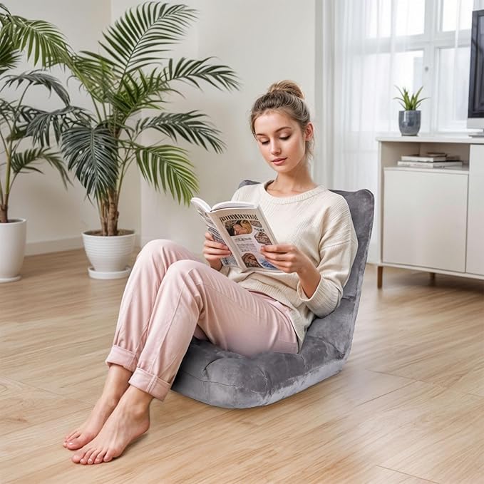 Nouva Adjustable Floor Chair 14-Position Sofa Bed Foldable Cushion Video Gaming Chairs Bean Bag Chair Reading Seating for Adults Kids Teens for Bedroom Living Room Indoor Use,Grey