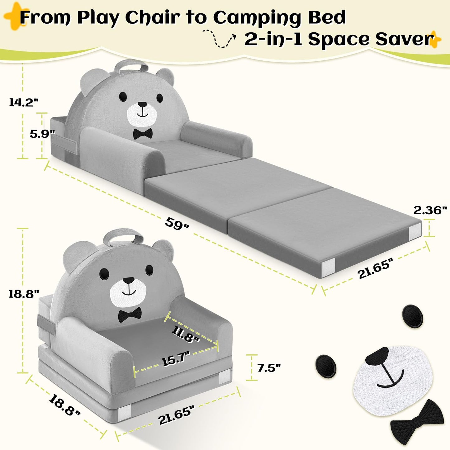Kids Sofa Bed with Removable Washable Cover & Magic-Tape Backrest – Foldable Toddler Chair, Cozy Crystal Velvet Furniture for Playtime, Naps & Travel (Soft Grey, Bear Design)