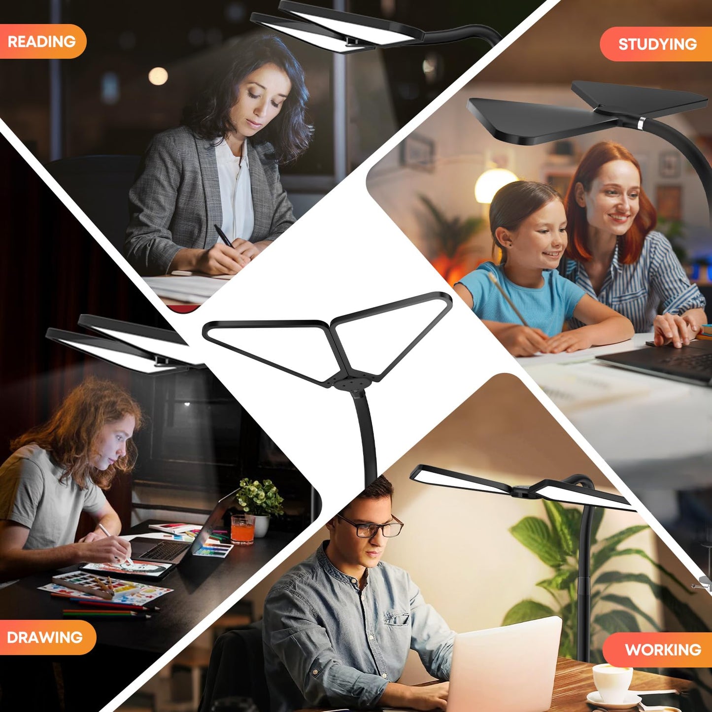 Ultra-Large Dual-Source Clamp-On Gooseneck Desk Lamp | Super Bright LED Study Light with Flexible Arms, 5 Brightness & 4 Color Modes for Home Office/Reading/Gift