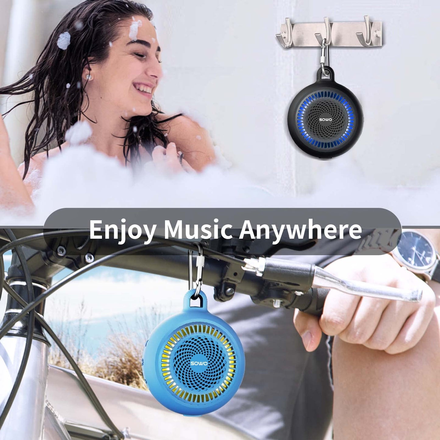 SOWO Bluetooth Shower Speaker Waterproof | Small Portable Bluetooth Speaker Wireless with Clip | Powerful Bass and Louder Volume | Colorful Lights and Lightweight | with TWS Pairing | Black