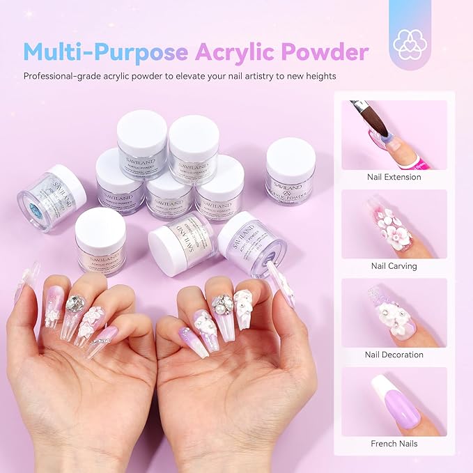 Saviland Acrylic Nail Kit with Everything: 10 Colors Acrylic Powder Clear Liquid Monomer 48W Nail Lamp 20000RPM Nail Drill Complete Tools Home Manicurist Nail Extensions