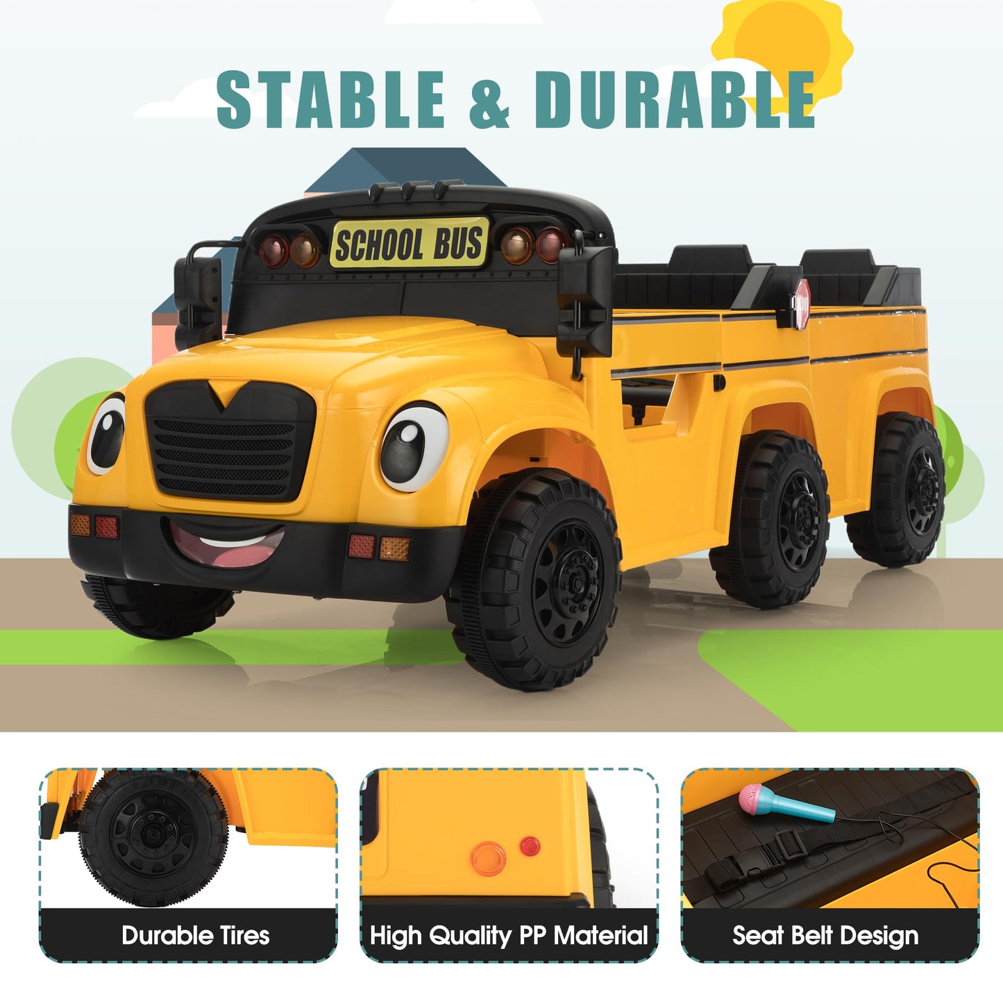 TOBBI 2 Seater Kids Eletric Ride on School Bus Toy, 35W-4WD Battery Powered Car with Remote Control/6 Wheels/Horn/LED/Music for Toddlers 3-8 Years, Yellow