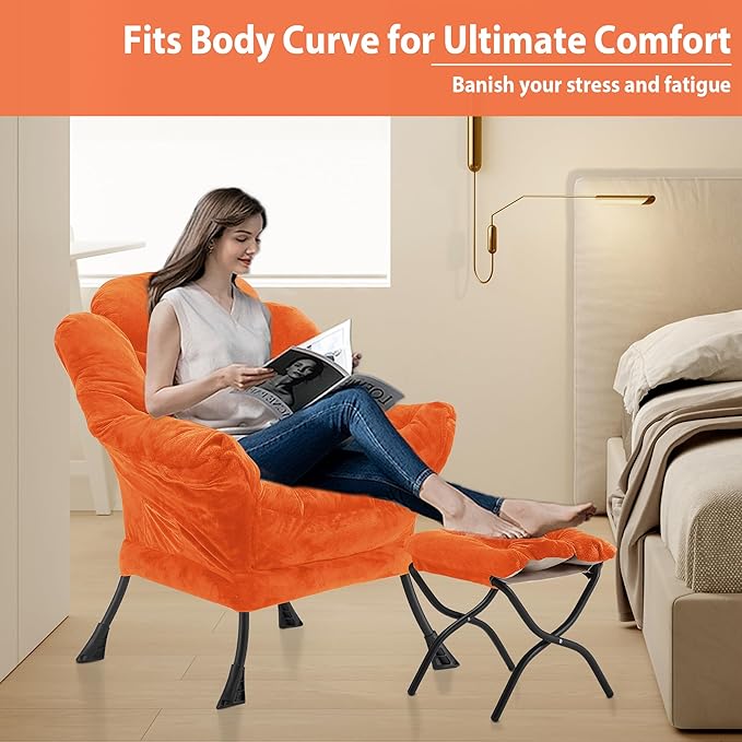 Youtanic Lazy Chair with Folding Ottoman, Accent Chair Plush Upholstered with Metal Structure and Non-Slip Pads, Sofa Armchair with Footrest and Side Storage Bag for Dorm, Room, Office, Orange