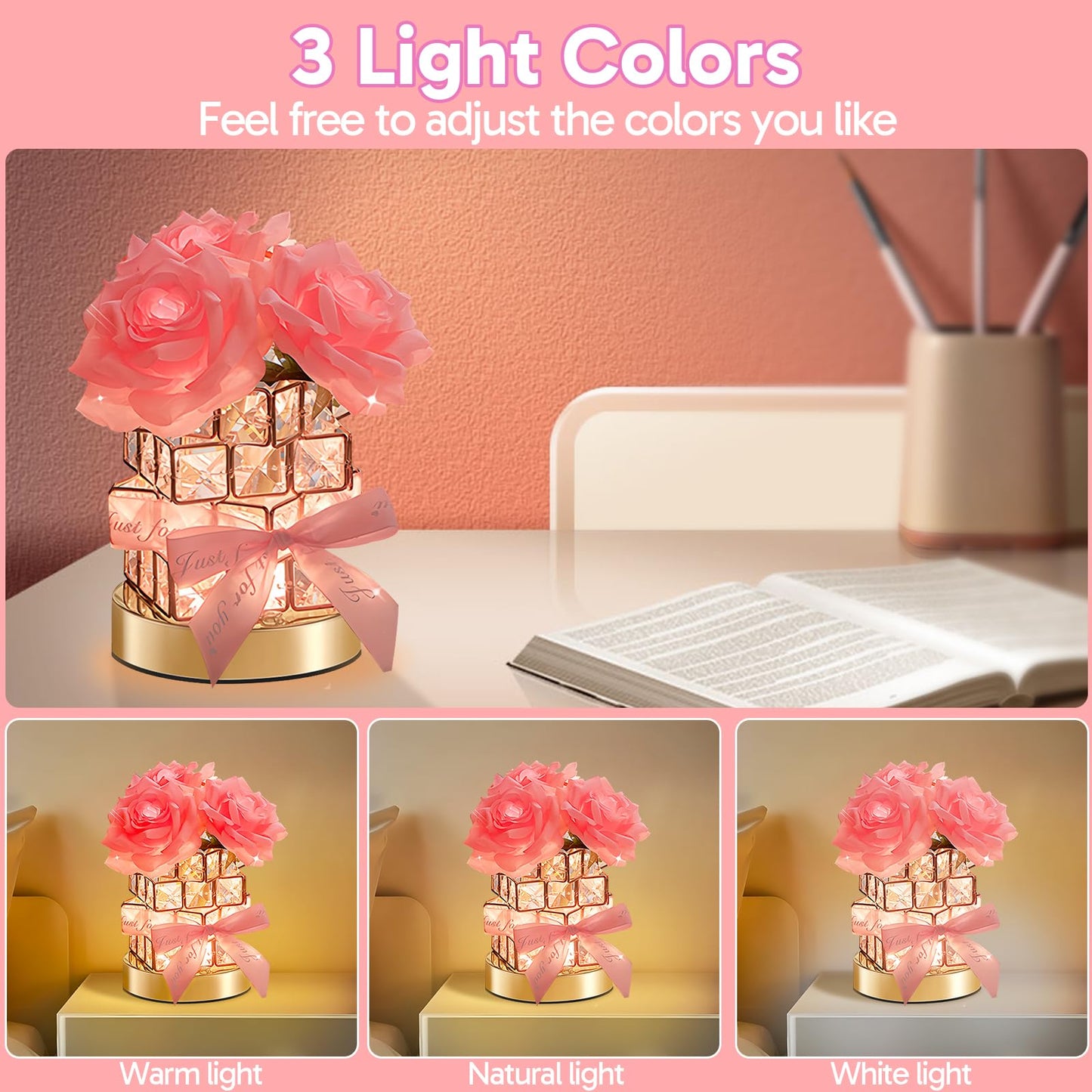 ONXE Forever Rose Gifts for Girlfriend Wife Her Women Mom,Rechargeable Cordless Touch Crystal Table Lamp,3-Colour Infinitely Dimming Small Night Light,Valentine's Day Anniversary Birthday Idea Gift