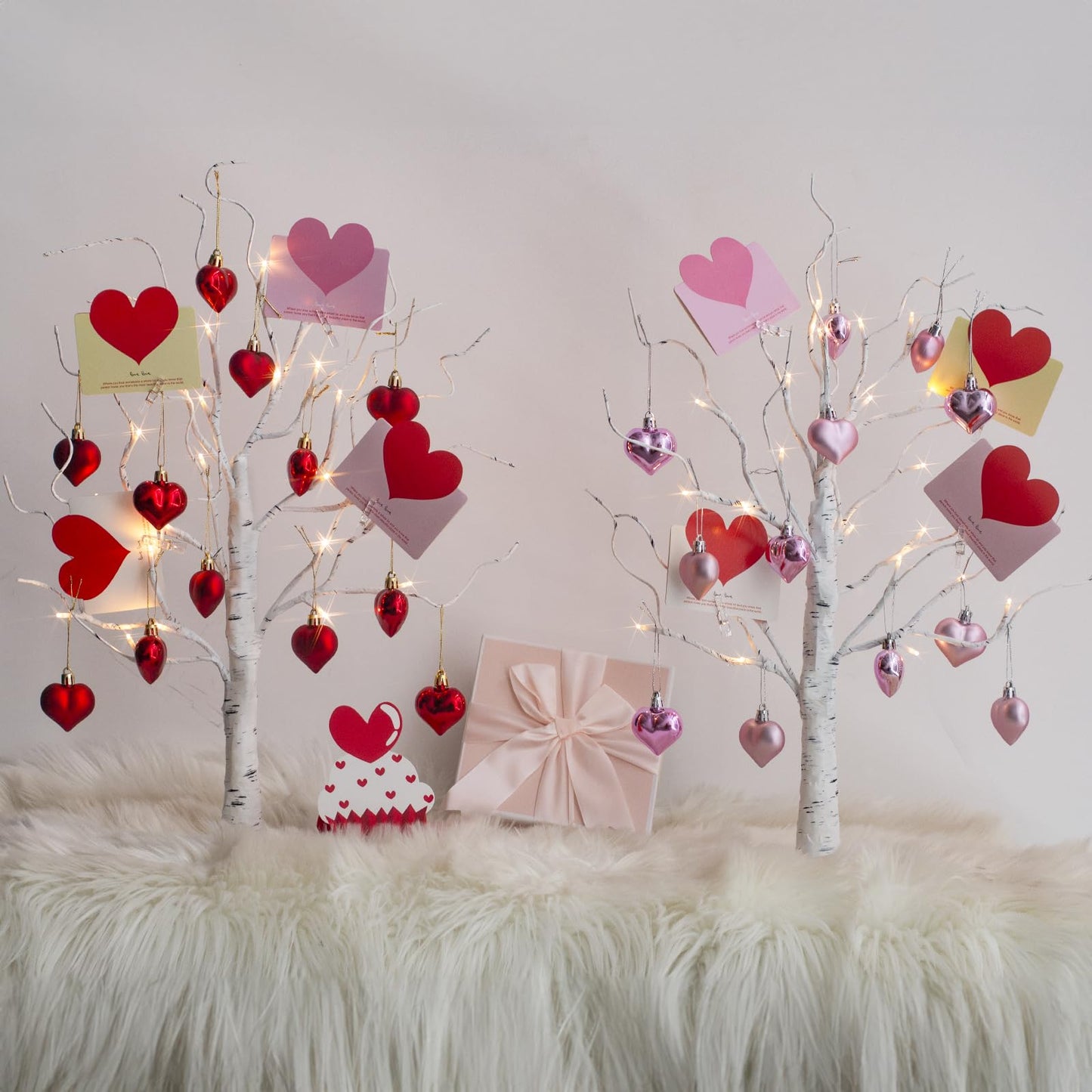 PEIDUO Valentine's Day Decorations, Set of 2 Gift Card Tree with 24 Hanging Heart Ornaments, for Home Indoor Bedroom Anniversary Wedding Party Decor, 6H/18H Timer