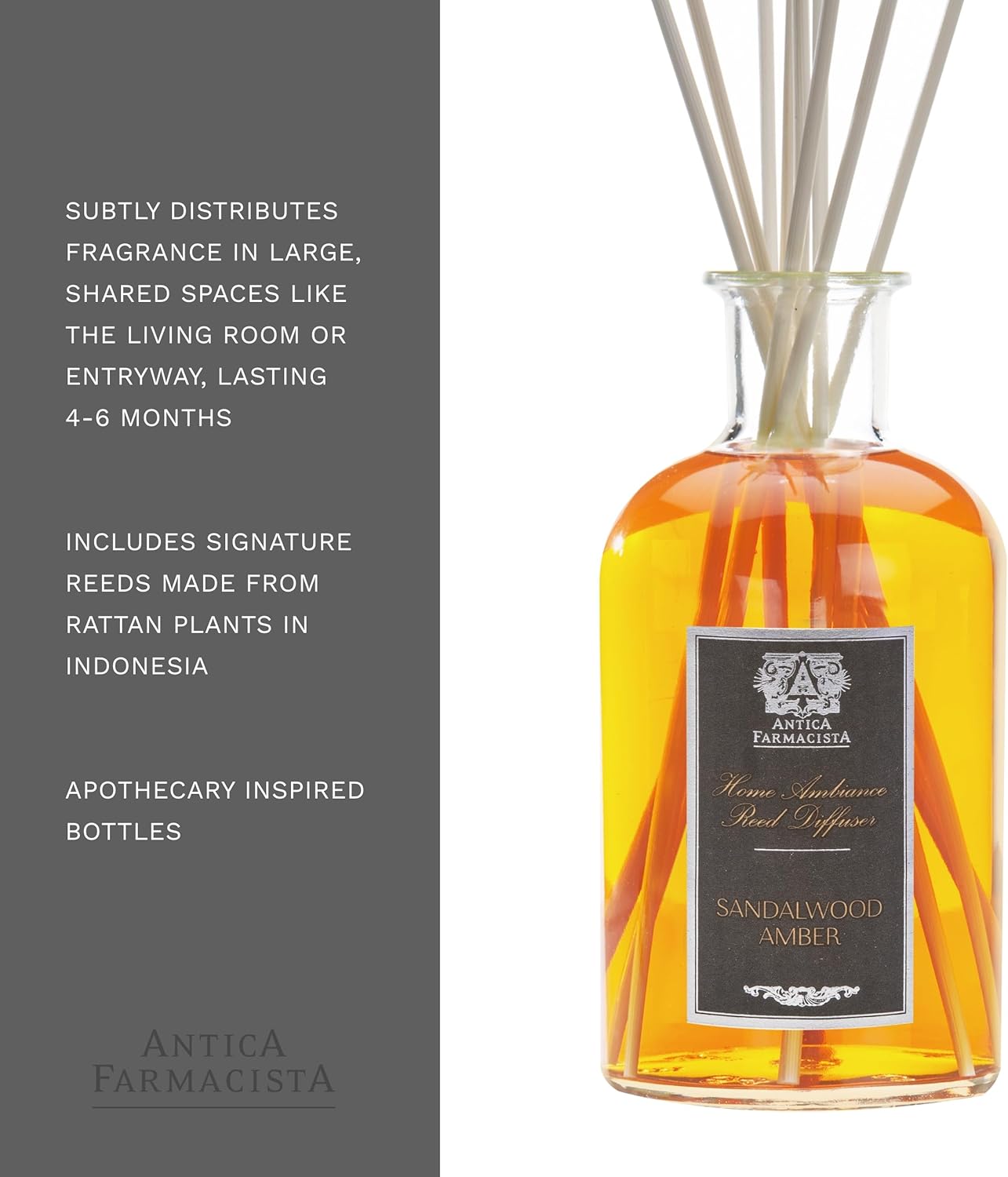 Antica Farmacista Home Ambiance Diffuser - Long-Lasting Reed Scent Diffuser - Luxury Room Freshener Gift - Sandalwood Amber, 16.9 fl oz