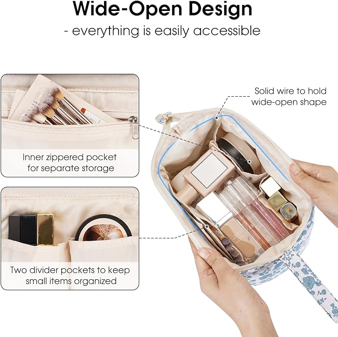 Narwey Cute Floral Makeup Bag Wide-open Make up Bag Travel Cosmetic Organizer Toiletry Bag for Cosmetics Toiletries Accessories (Little Blue Flower)