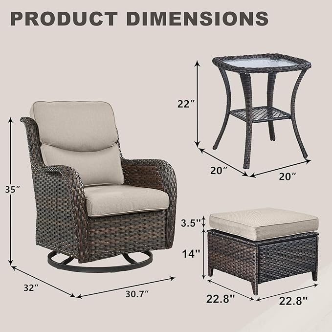 Rilyson Wicker Patio Furniture Set - 5 Piece Rattan Outdoor Sectional Conversation Sets with 2 Swivel Rocking Chairs,2 Ottomans and 1 Side Table for Porch Deck Garden(Brown/Beige/Smile)